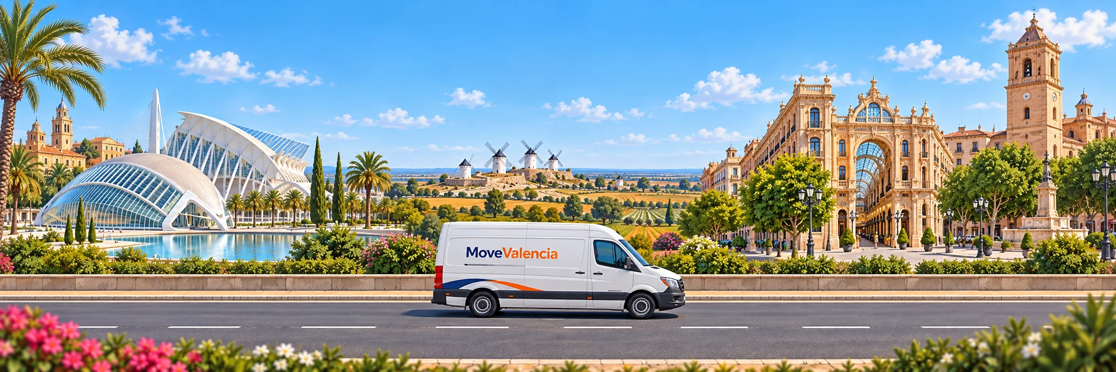 Illustration: Valencia on the left and Albacete on the right, with a MoveValencia van in side view on a level road.