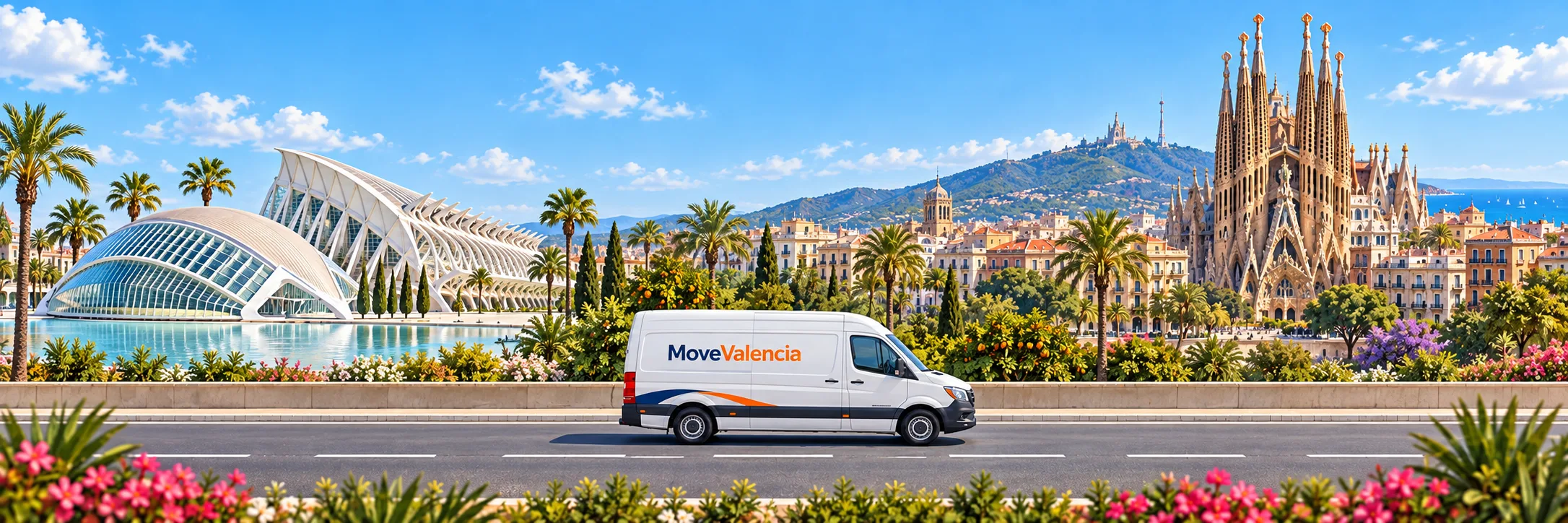 Illustration: Valencia on the left and Barcelona on the right, with a MoveValencia van in side view on a level road.