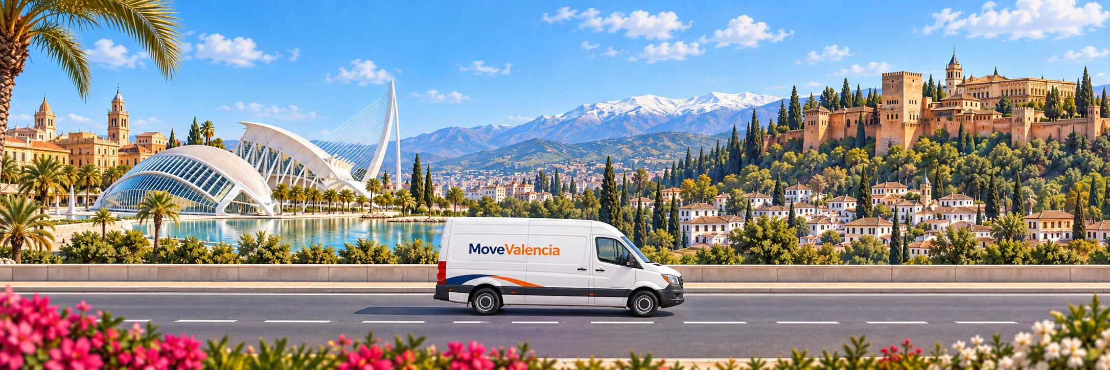 Illustration: Valencia on the left and Granada on the right, with a MoveValencia van in side view on a level road.