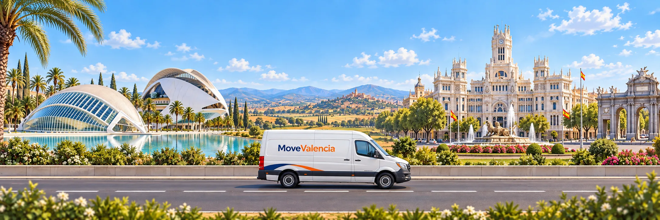 Illustration: Valencia on the left and Madrid on the right, with a MoveValencia van in side view on a level road.