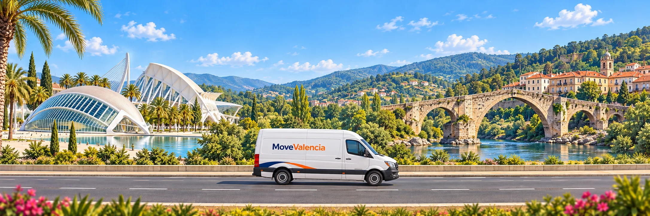 Illustration: Valencia on the left and Ourense on the right, with a MoveValencia van in side view on a level road.