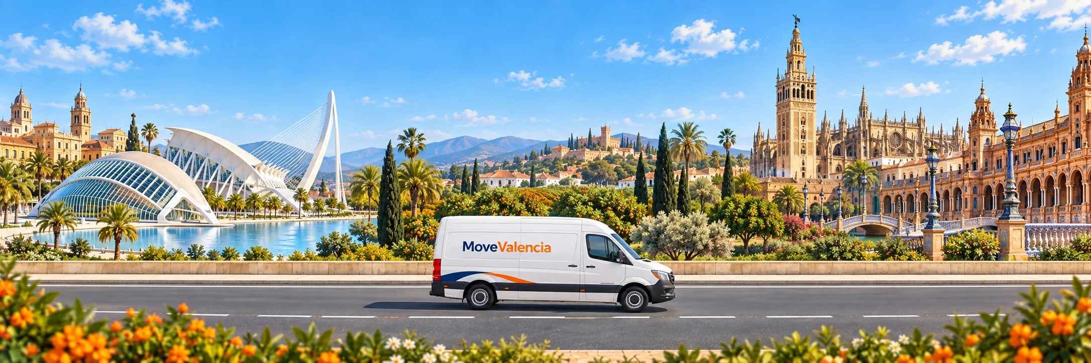 Illustration: Valencia on the left and Seville on the right, with a MoveValencia van in side view on a level road.