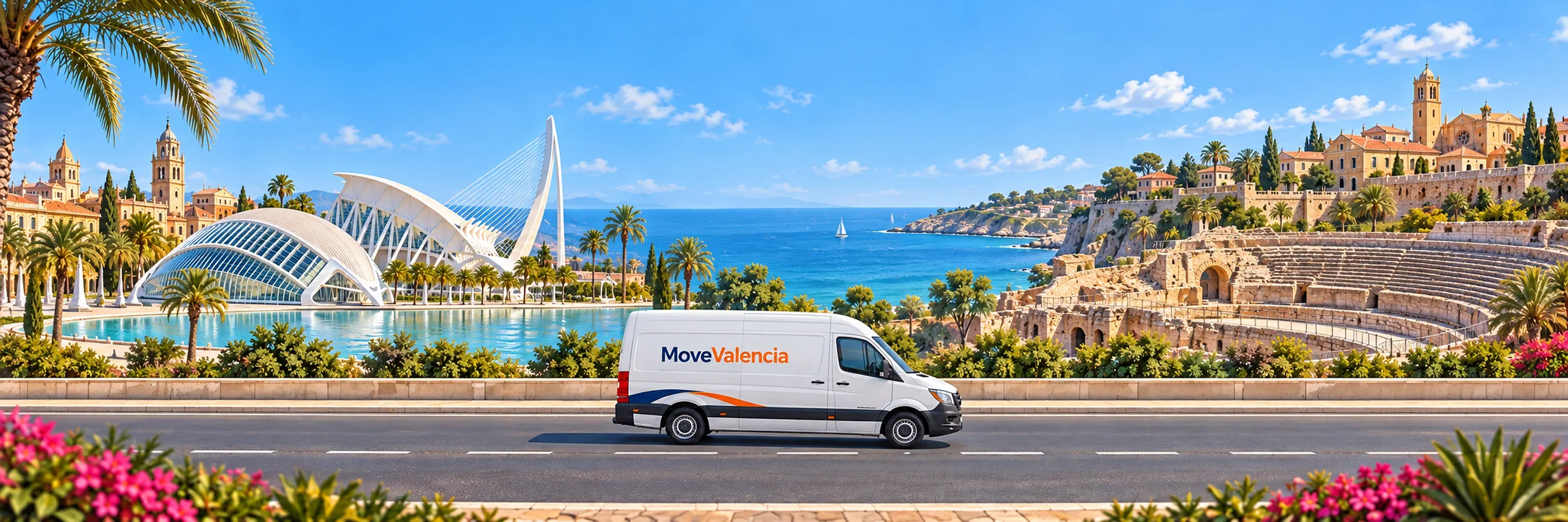 Illustration: Valencia on the left and Tarragona on the right, with a MoveValencia van in side view on a level road.