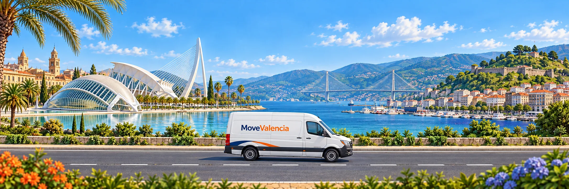 Illustration: Valencia on the left and Vigo on the right, with a MoveValencia van in side view on a level road.
