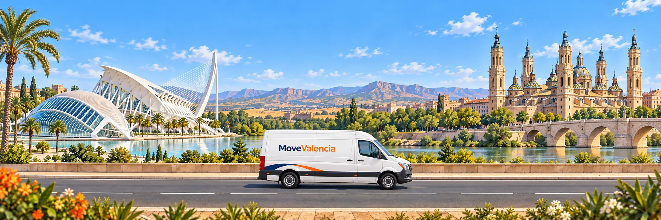 Illustration: Valencia on the left and Zaragoza on the right, with a MoveValencia van in side view on a level road.