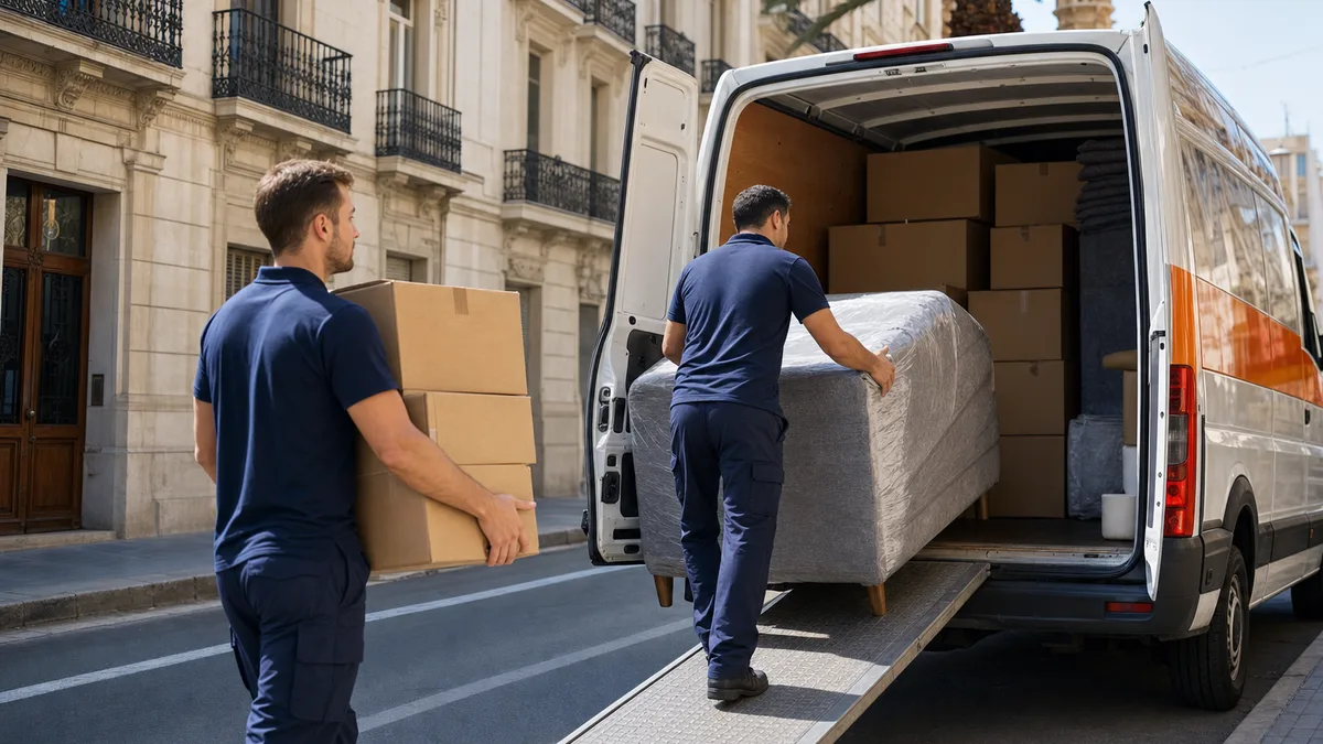 Mozos de MoveValencia cargando cajas y muebles en la furgoneta durante una mudanza en Valencia